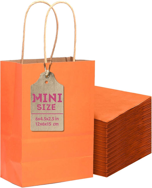 qiqee 24 Pcs Orange Mini Paper Gift Bags with Handles 6"x4.5"x2.5" Small Brown Kraft Party Favor Bags Treat Bags Multiple Uses (Mini size)