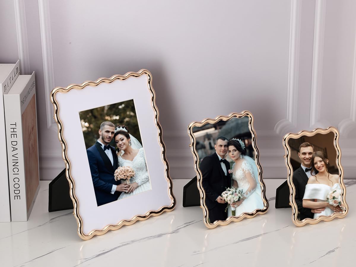 8 x 10'' Heavy-Duty Zinc Alloy Gold Photo Frames with Acid Free Mat for 5x7'',Wave Design Gold Picture Frame 8x10'' with Black Velvet Back