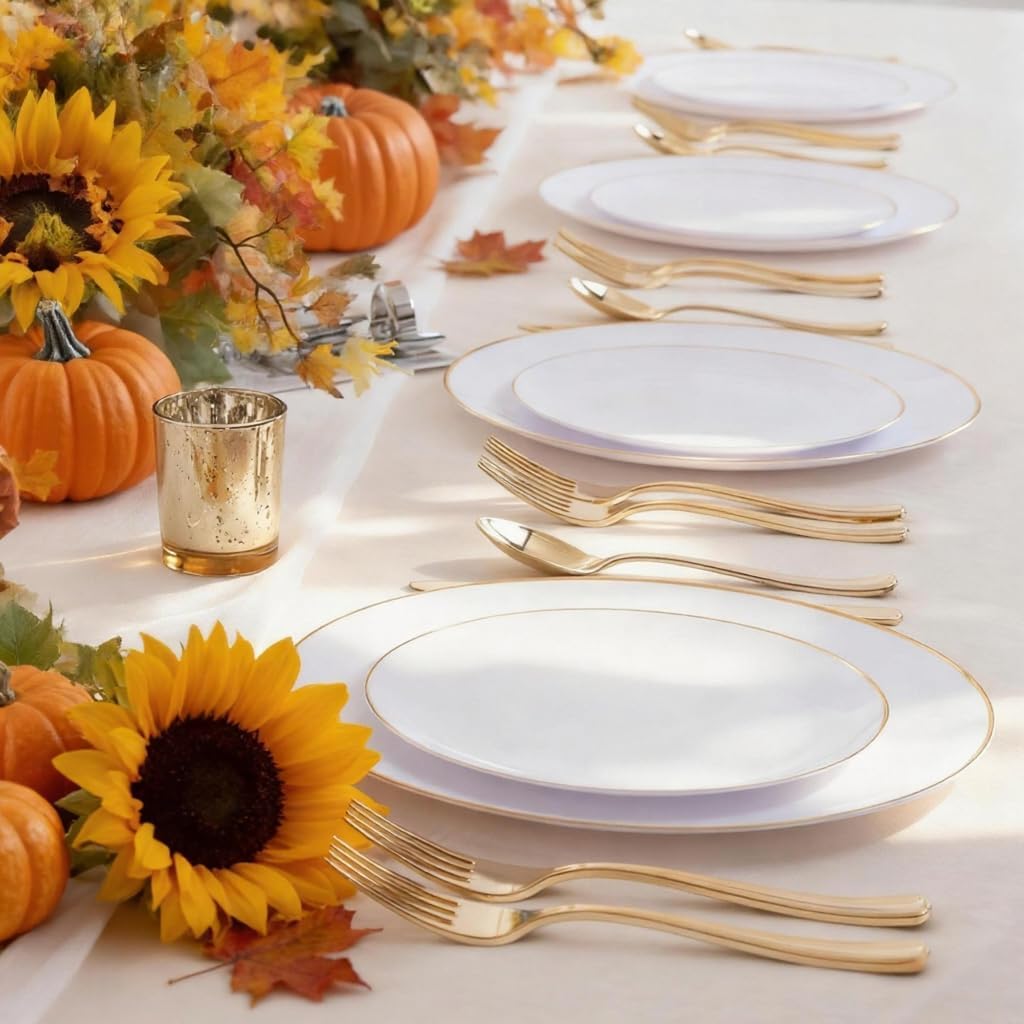 KIRE 60PCS Gold Plastic Plates - Thanksgiving Heavy Duty White Disposable Plates with Gold Rim for Party/Wedding- Include 30Pieces 10.25inch Dinner Plate and 30Pcs 7.5inch Dessert Plate