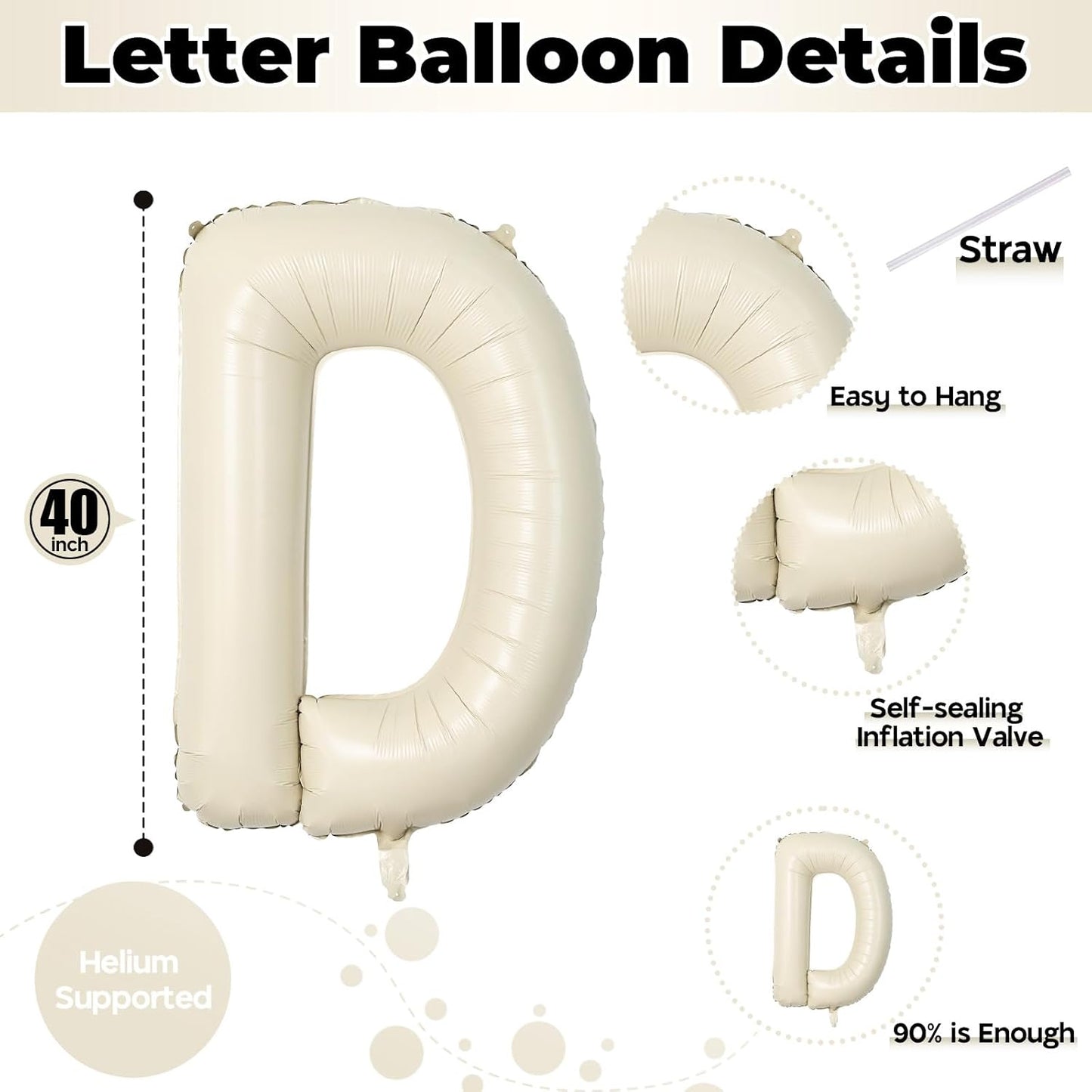 Cream Name Balloon Letters, Large Mylar Helium Alphabet D Custom Balloon Letter Beige Decor, 40 Inch Inflatable Sand White Letter D Foil Customize Balloons for Girls Birthday Party Decoration Supplies