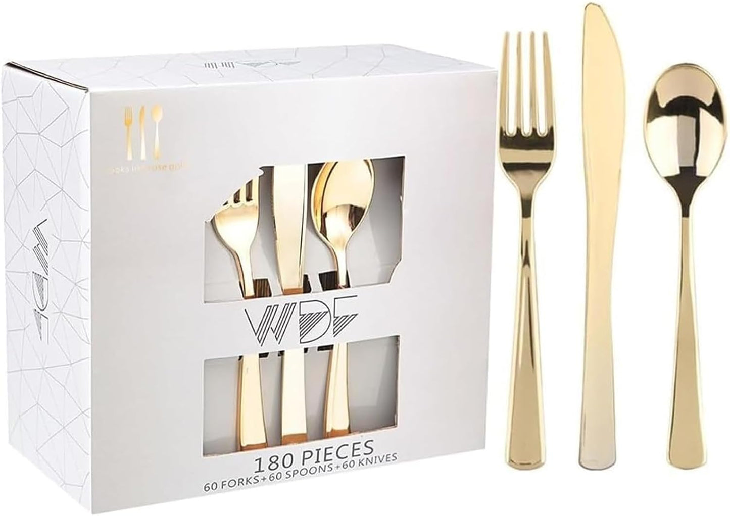WDF 180 Pieces Disposable Plastic Gold Silverware Cutlery - Disposable Flatware Set 60 Forks, 60 Knives and 60 Spoons - Heavy Duty Gold Plastic Cutlery - Utensils for Party, Wedding, Thanksgiving