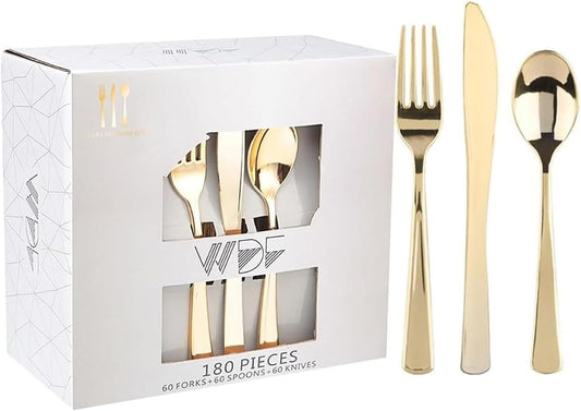 WDF 180 Pieces Disposable Plastic Gold Silverware Cutlery - Disposable Flatware Set 60 Forks, 60 Knives and 60 Spoons - Heavy Duty Gold Plastic Cutlery - Utensils for Party, Wedding, Thanksgiving