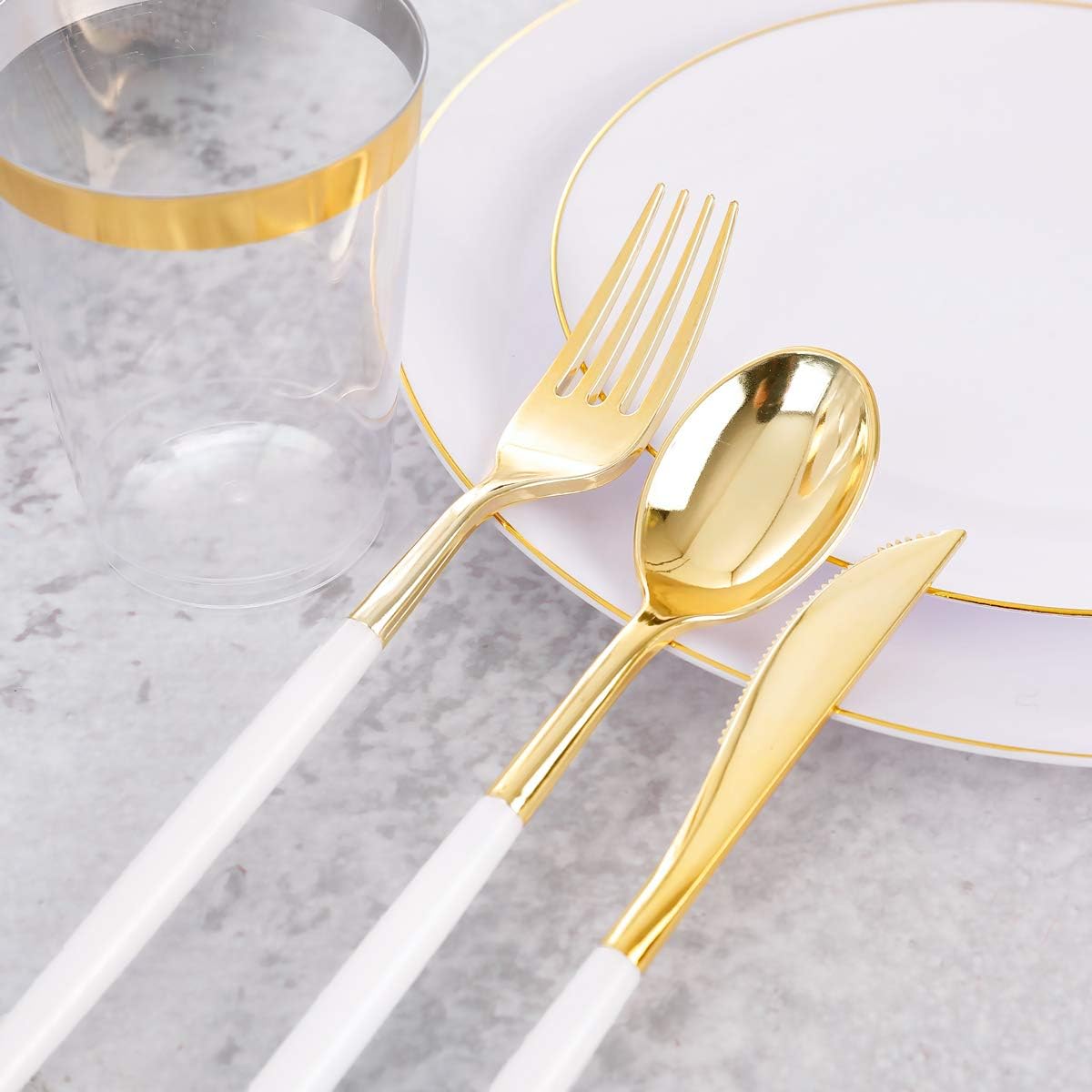 Supernal 350pcs Gold Plastic Dinnerware Set for 50 Guests,Fancy Disposable Plates for Party,Gold Plastic Silverware with White Handle,Disposable White Plates Wedding,Birthday