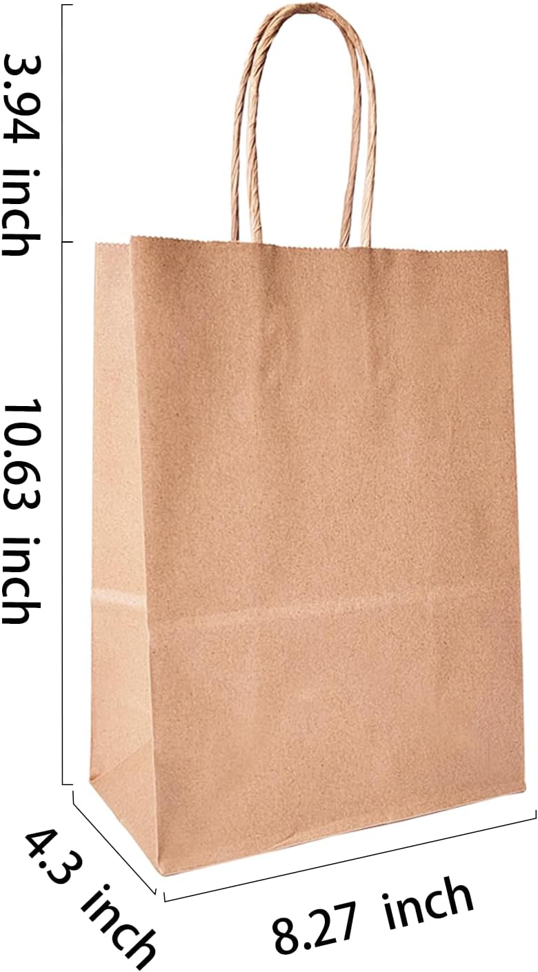 BAG BOX 100 Pcs Medium 8.25x4.3x10.6 Inch Brown Kraft Paper Gift Bags with Handles for Bulk Wedding, Party Favors, Grocery, Shopping, Retail Merchandise, Gift Sacks