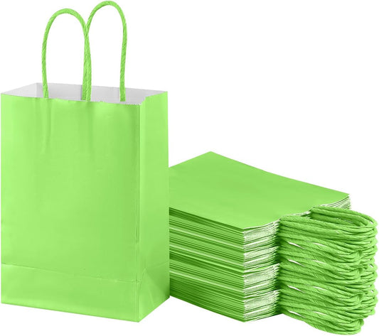 piqiya Small Plain Natural Paper Kraft Gift Bags with Handles Green Paper Bags for Saint Patrick's Day Birthday Party Grocery Retail Business Goody Craft Bags (Green，24pcs)