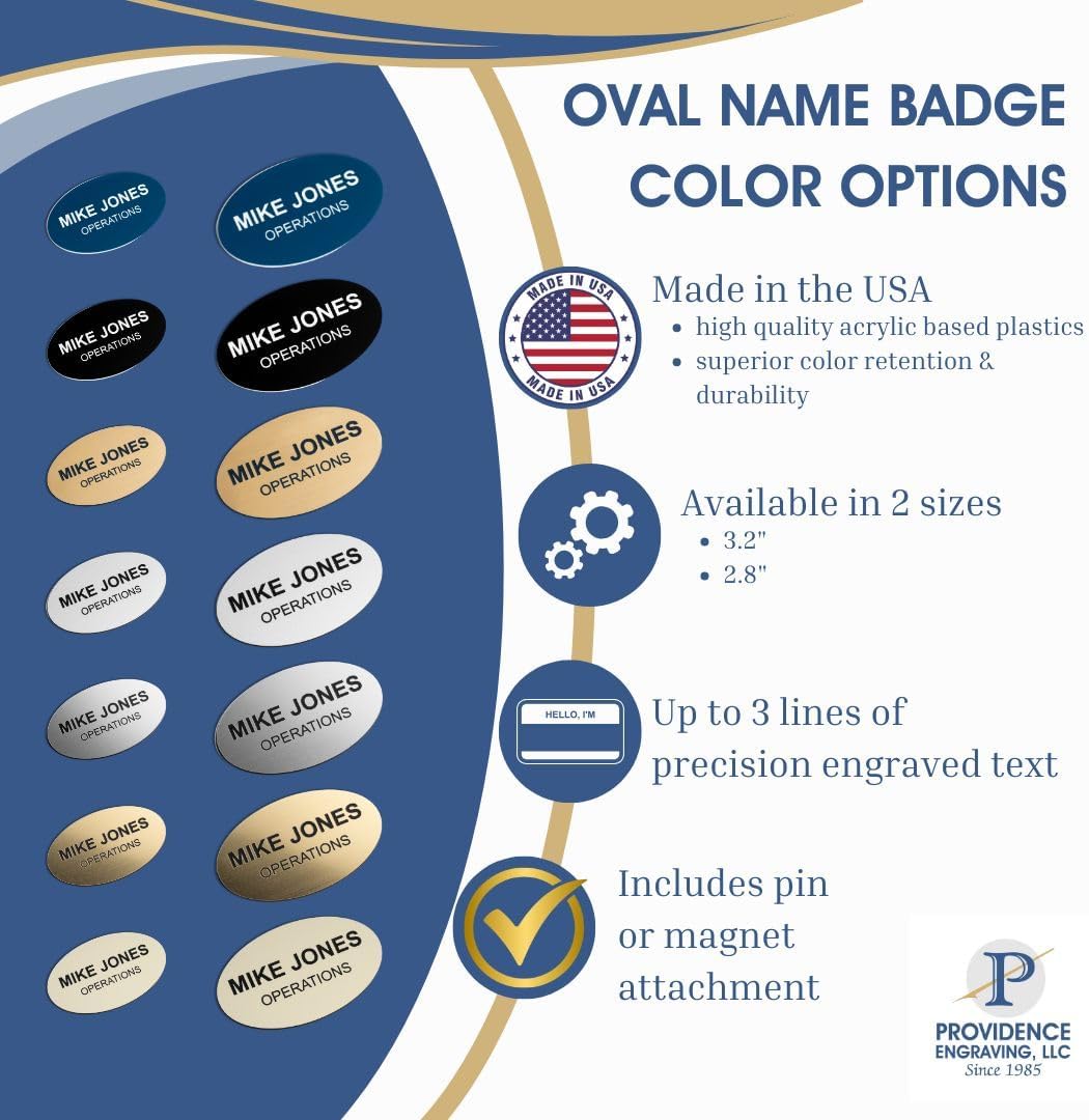 Custom Engraved Name Tag Badges – Personalized Identification with Pin or Magnetic Backing, 2.8 Inch Oval, Almond/Black