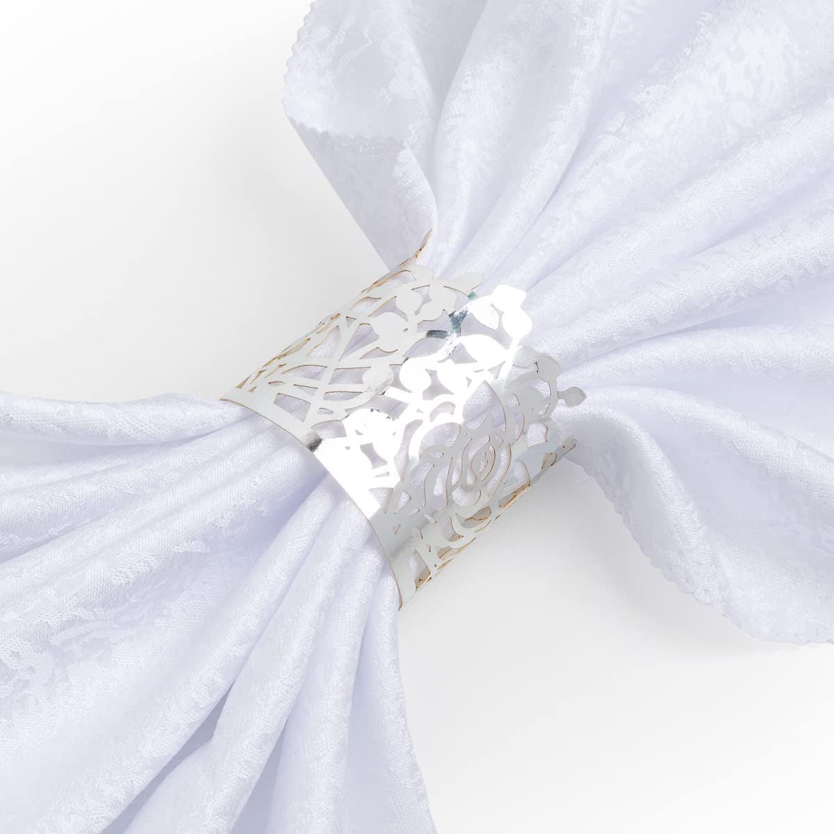 150PCS Rose Flower Paper Napkin Rings, Simple Napkin Holders Dinner Tables Rings Elegant Ornament Table Setting Decoration for Wedding, Christmas, Thanksgiving, Holiday, Party (Silver)