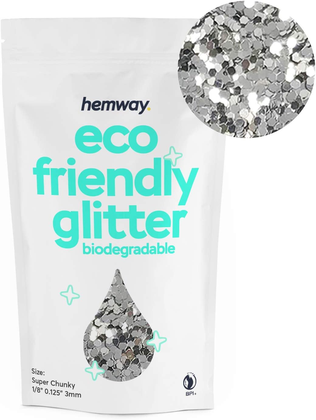 Hemway Eco Friendly Biodegradable Glitter 100g / 3.5oz Bio Cosmetic Safe Sparkle Vegan for Face, Eyeshadow, Body, Hair, Nail and Festival Makeup, Craft - Super Chunky (1/8" 0.125" 3mm) - Silver