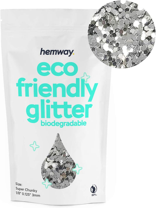Hemway Eco Friendly Biodegradable Glitter 100g / 3.5oz Bio Cosmetic Safe Sparkle Vegan for Face, Eyeshadow, Body, Hair, Nail and Festival Makeup, Craft - Super Chunky (1/8" 0.125" 3mm) - Silver
