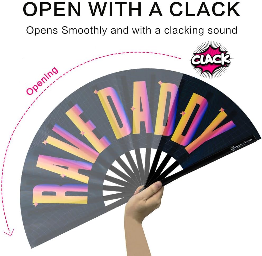 UV Glow Rave Fan, Bamboo Folding Clack Hand Fans Foldable for Men Women, Boots on the Ground Poping Fan for EDM Festival Line Dance Decoration, (Rave Daddy, Large 13")