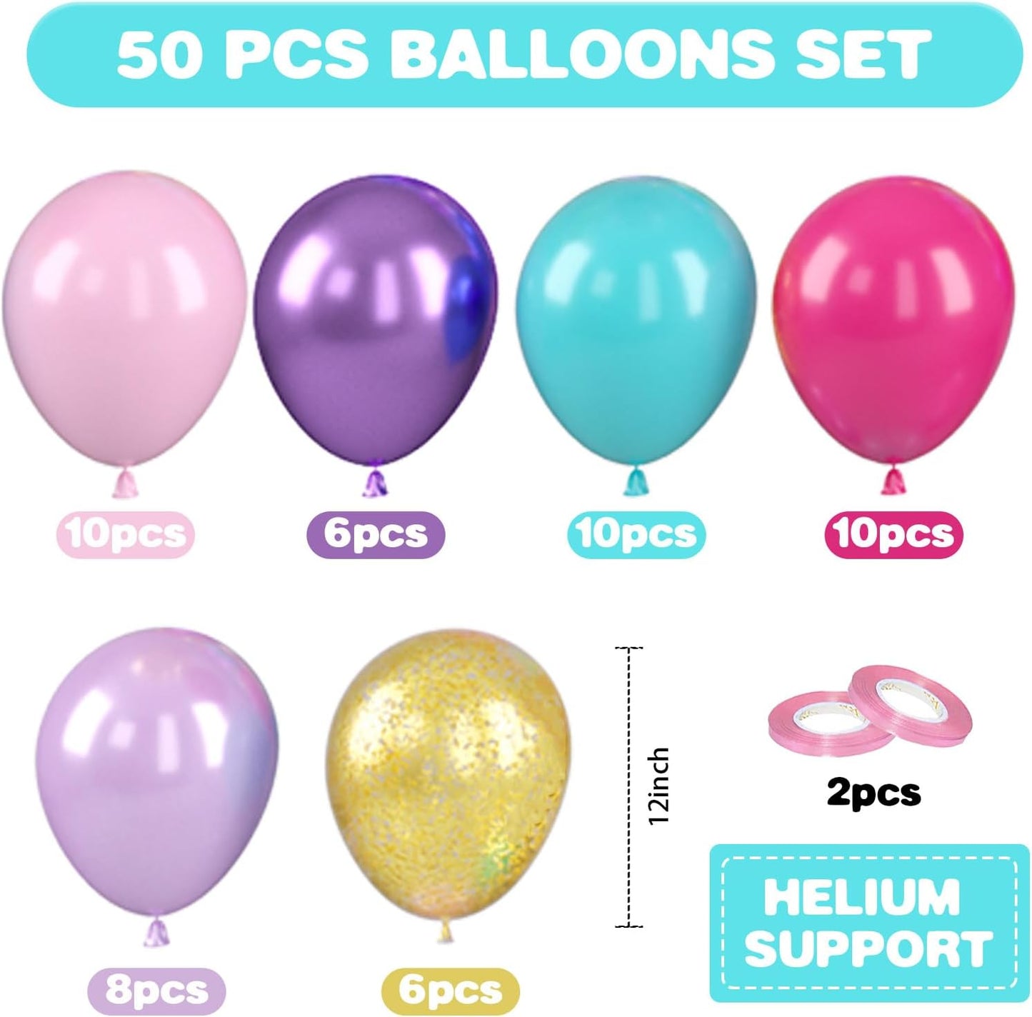 Teal Pink Purple Balloons, 12 Inch Princess Balloons, Pastel Pink Teal Purple Metallic Gold Confetti Balloon Latex Balloon for Girl Baby Shower Gender Reveal Princess Birthday Party Decoration