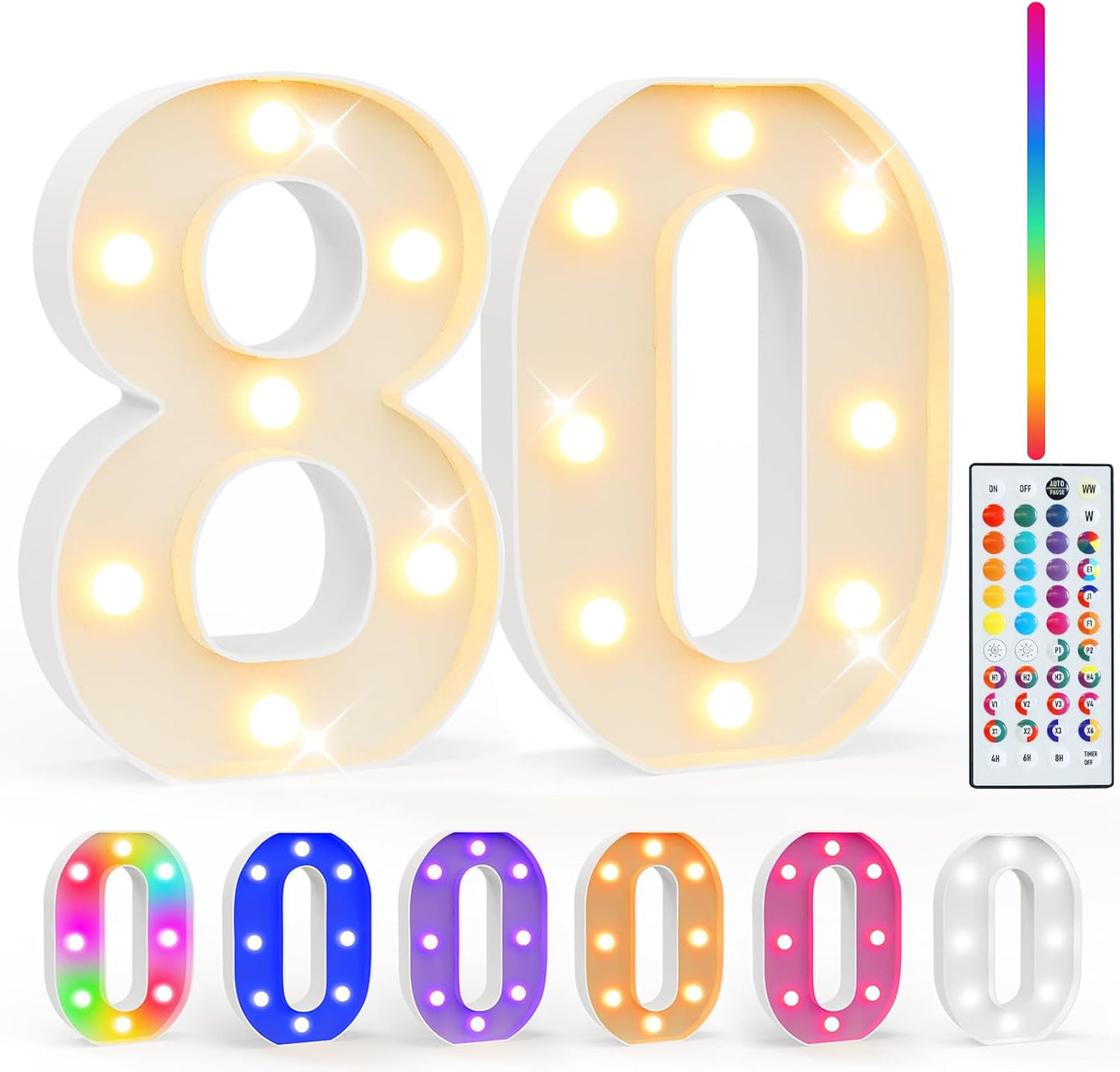 Pooqla 80th Birthday Decoration fors Her Him, 35 Colors LED Light Up Numbers with Remote, Multicolor Marquee Numbers 80 Sign for Party Backdrop 80th Birthday Gift, Lighted Number 80