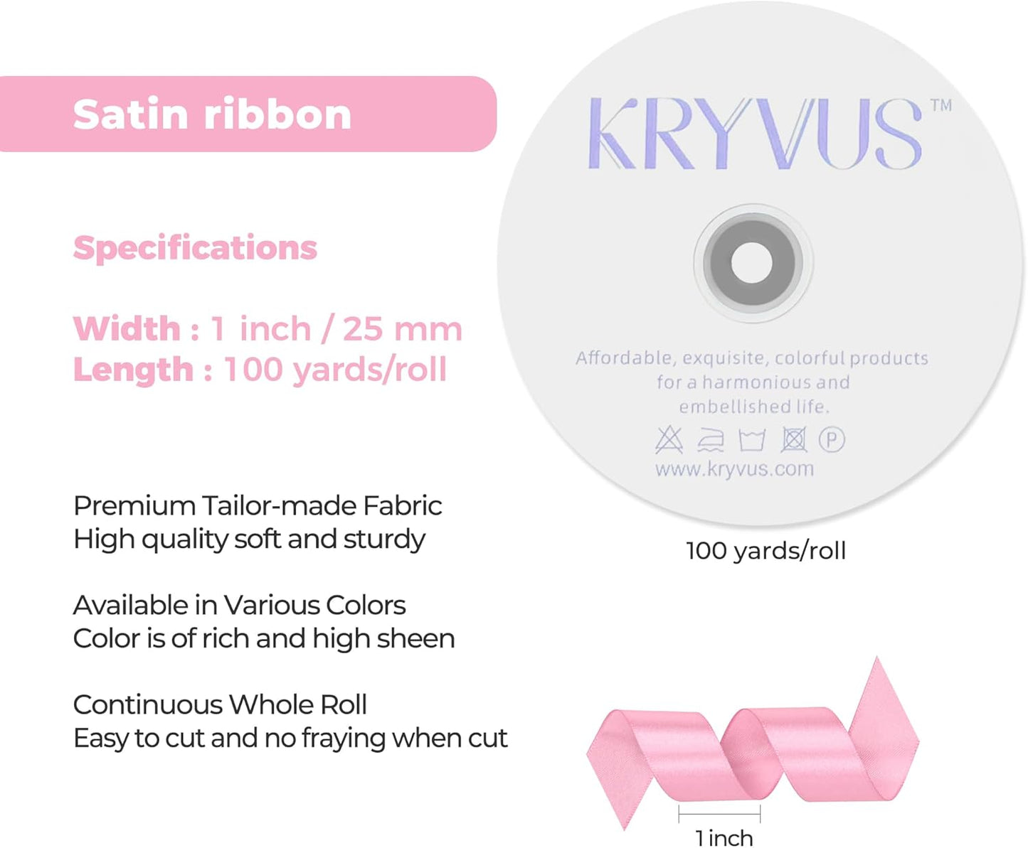 Rose Pink Satin Ribbon 1 inch X Continuous 100 Yards, Single Face Polyester Ribbon Perfect for Gift Wrapping, Flower Bouquet, Wedding Decor, Crafts, Bow Making, Sewing and More