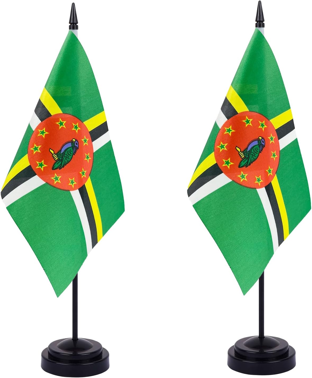 WXTWK 2 Pack Dominica Flag Dominica Deluxe Desk Flag Set - Mini Small Dominica Table Office Flags with Black 12" Solid Pole Stand Base Classroom Meeting Desktop Decorations