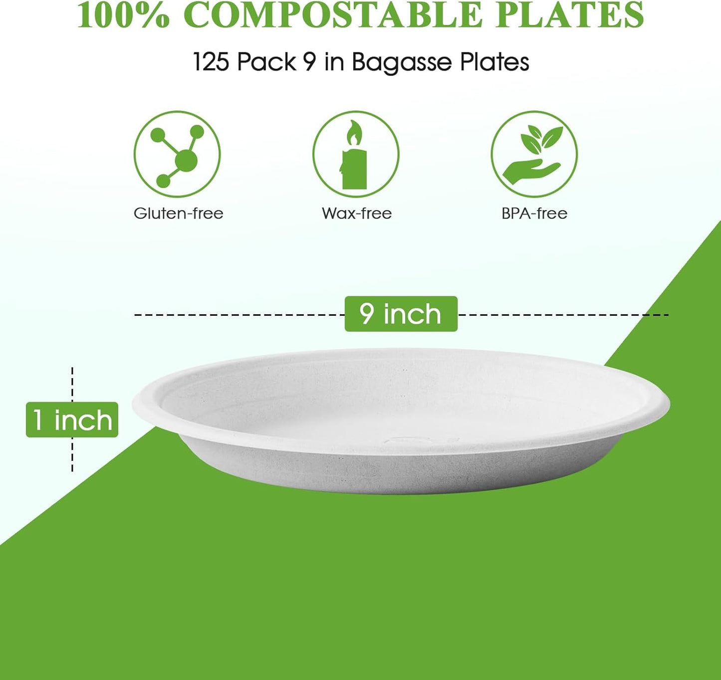 ECOLipak 125 Pack Paper Plates 9 inch 100% Compostable Heavy-Duty Dinner Plates Disposable Bagasse Deep Dish Natural Biodegradable Eco-Friendly Sugarcane(White)