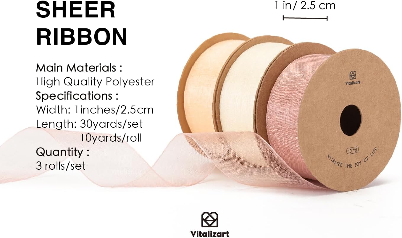 Vitalizart Cream & Rose Gold Organza Sheer Ribbon 1 inch x 30Yd Pink Ribbon Handmade Fabric Ribbons for Gift Wrapping Christmas Tree Crafts Bows Wedding Invitations Wreaths Wrap Peach