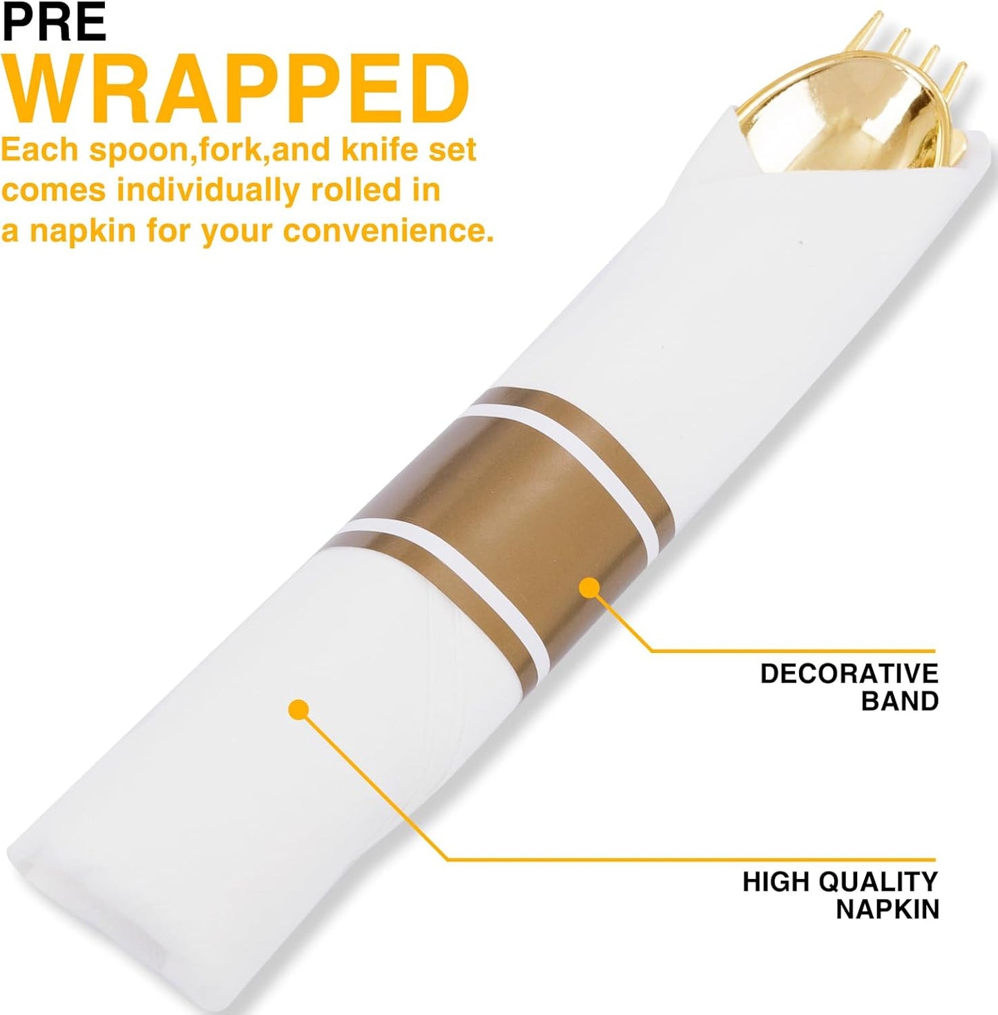 50Guests Pre Rolled Gold Plastic Silverware Sets - Heavy Duty Hammered Gold Cutlery Include 50 Pack Wrapped Disposable Utensils with Napkins for Parties, Dinners & Weddings