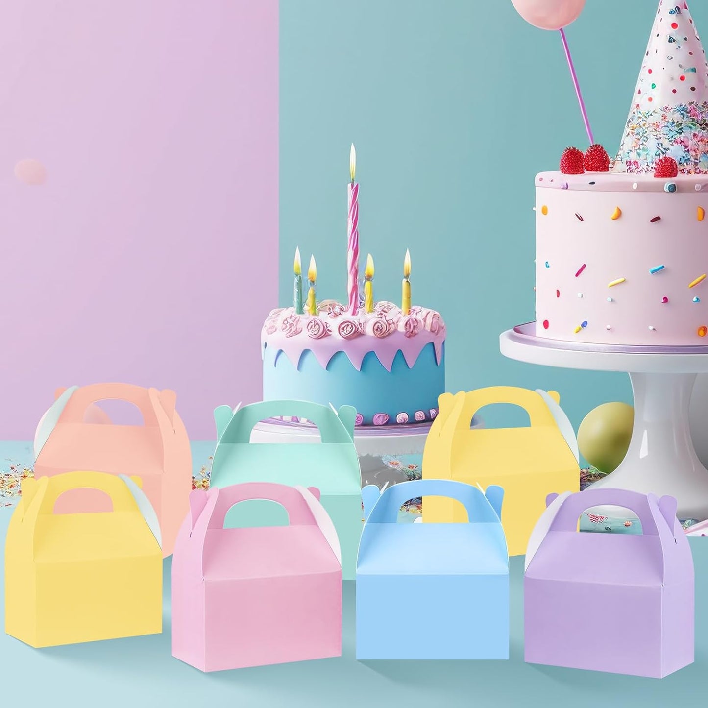 24 Pcs Pastel Party Favor Treat Boxes, Colorful Paper Candy Gift Gable Boxes for Party Favors, Pastel Goodie Box for Birthday Wedding Spring Easter Parties Supplies Decorations, 6 x 3.5 x 3 Inches