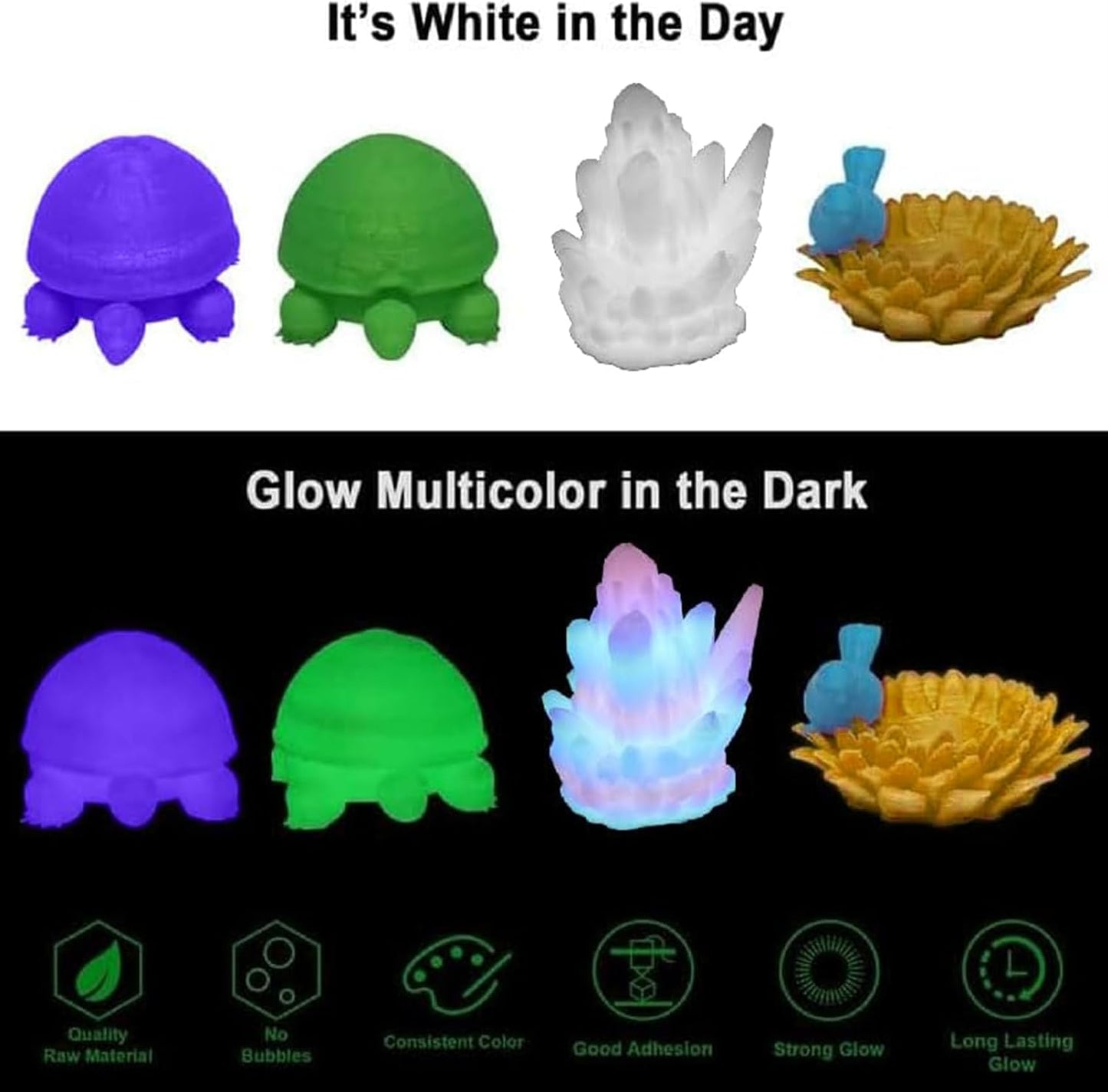 YOUSU 3D Printer Filament Bundle, Glow in The Dark Filament Multicolor, Green, Blue, Yellow and Rainbow PLA Filament 1.75 mm, Dimensional Accuracy +/- 0.03 mm, 250g X 4 Pack