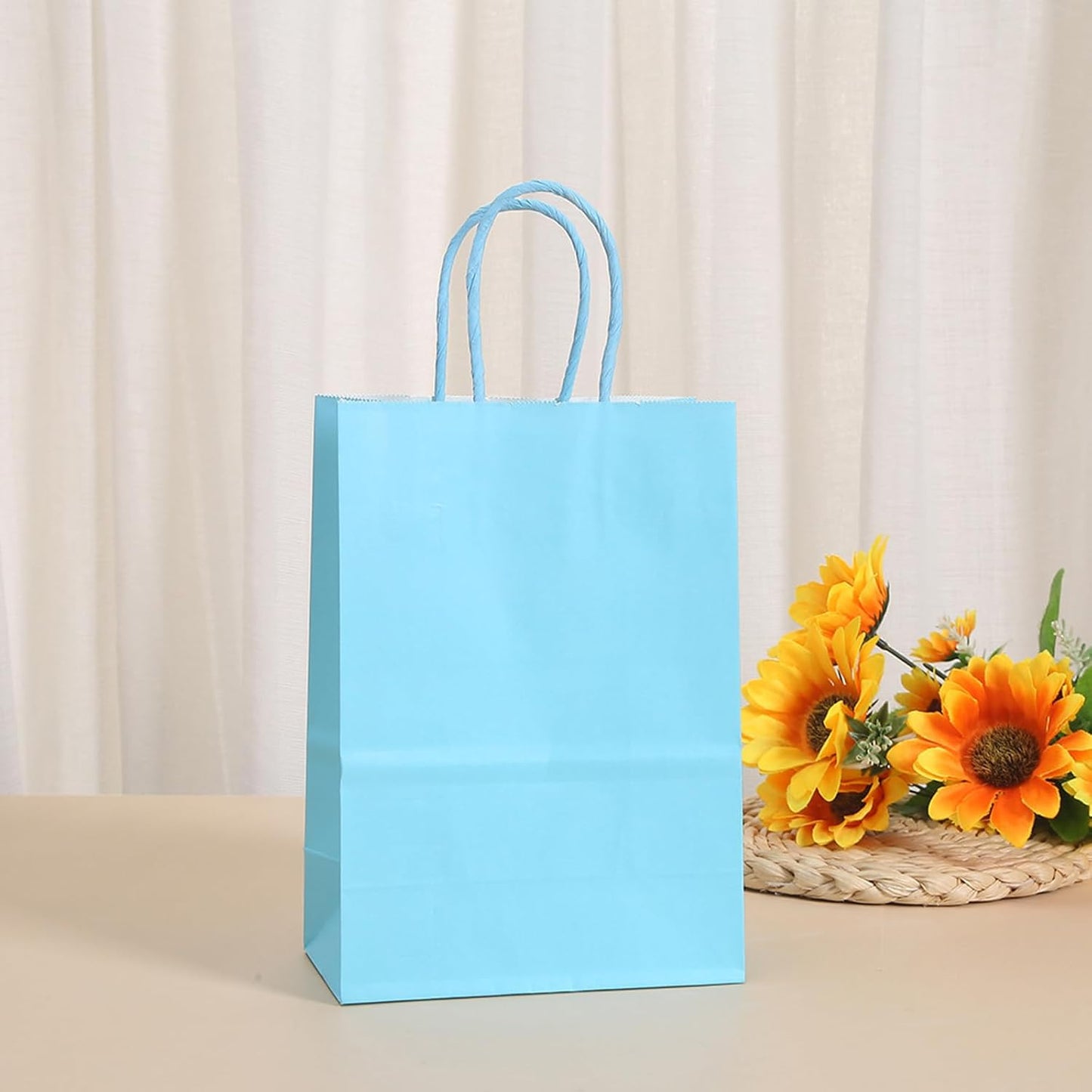 piqiya Small Plain Natural Paper Kraft Gift Bags with Handles Light Blue Paper Bags for Eid Birthday Party Grocery Retail Business Goody Craft Bag (Blue，24pcs)