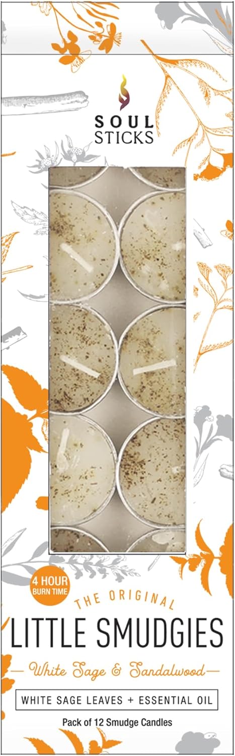 SOUL STICKS 12 Pack Little Smudgies Tealight Candles Smudge Candle for Cleansing House, Meditation, Chakra Healing | Made with Crystals and Herbs (White Sage & Sandalwood)