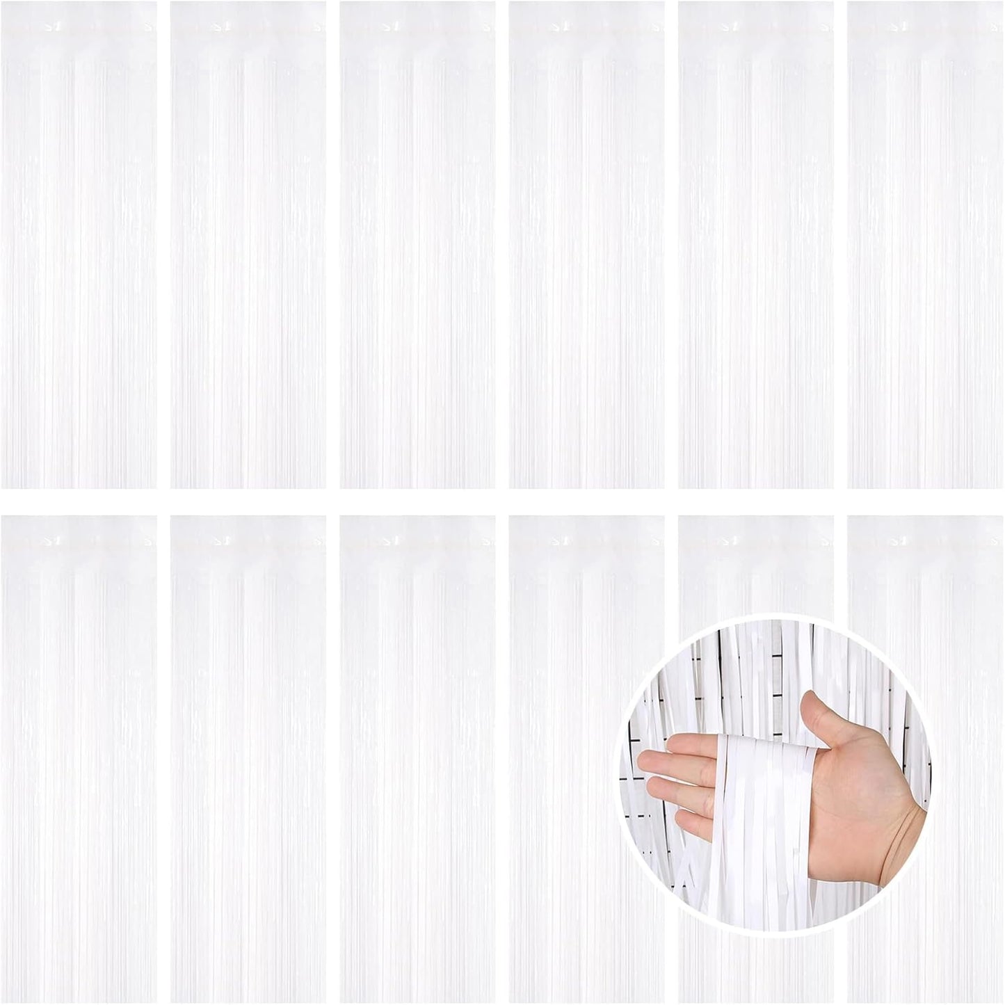 White Fringe Curtain Party Streamers, 12 Pack 3.3ft x 8.2 ft Foil Curtain Backdrop Tinsel Foil Fringe Curtains Photo Booth Backdrop Streamer for Birthday, Wedding, Baby Shower, Disco Party