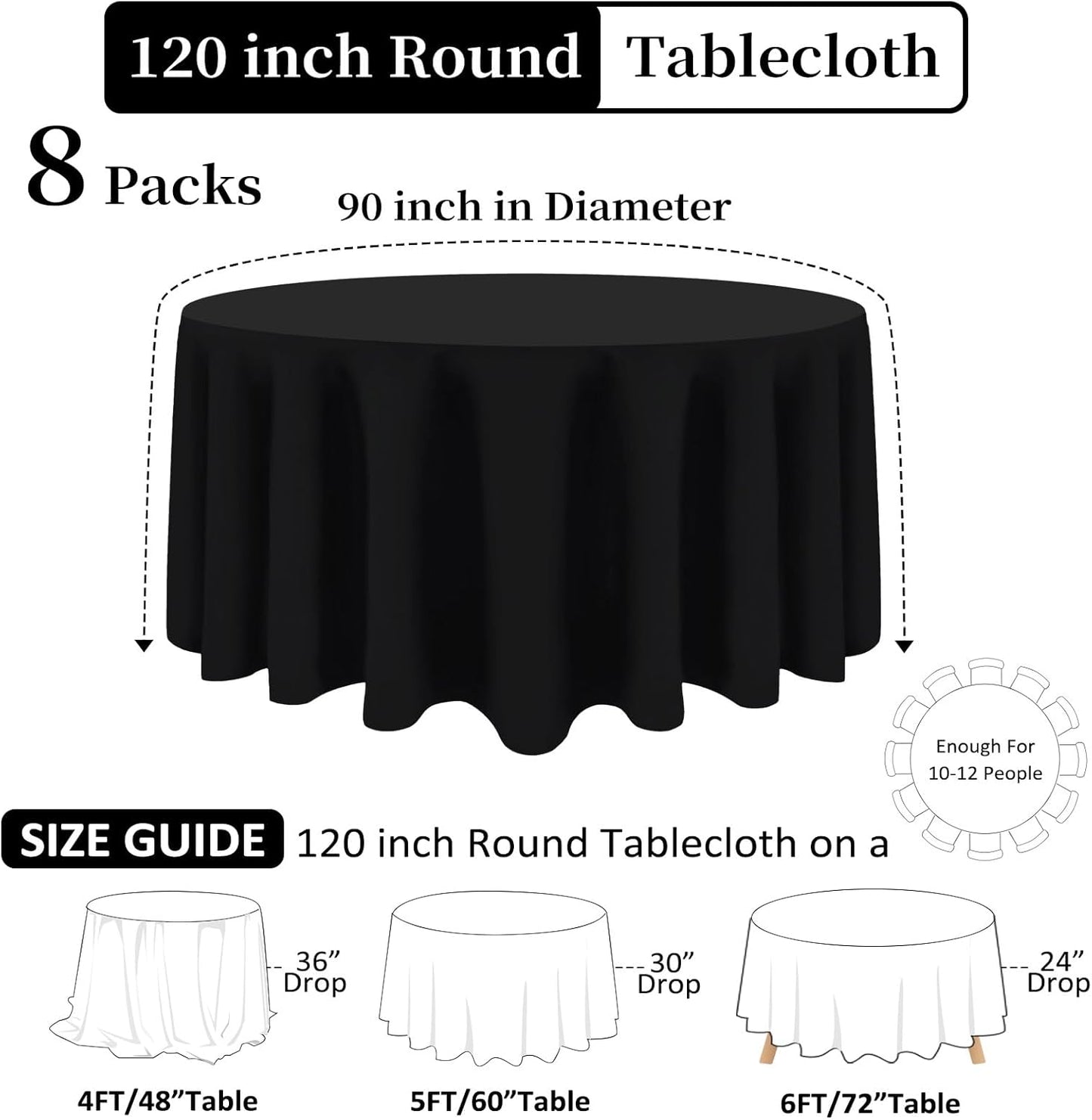 8 Pack Black Round Tablecloth 120 Inch Black Table Cloth Stain and Wrinkle Resistant Reusable and Washable Polyester Fabric Table Covers for Buffet Wedding Party and Banquet