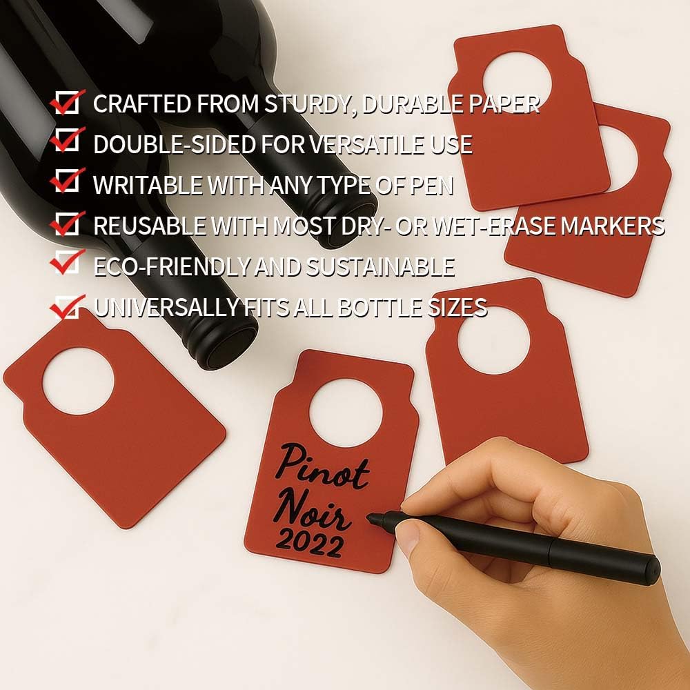 200 PCS Wine Bottle Tags –Paper Hanging Cellar Labels for Bottle Neck, Double-Sided Writable Gift Tags for Wine Racks, Champagne & Homebrew Organization (Red)