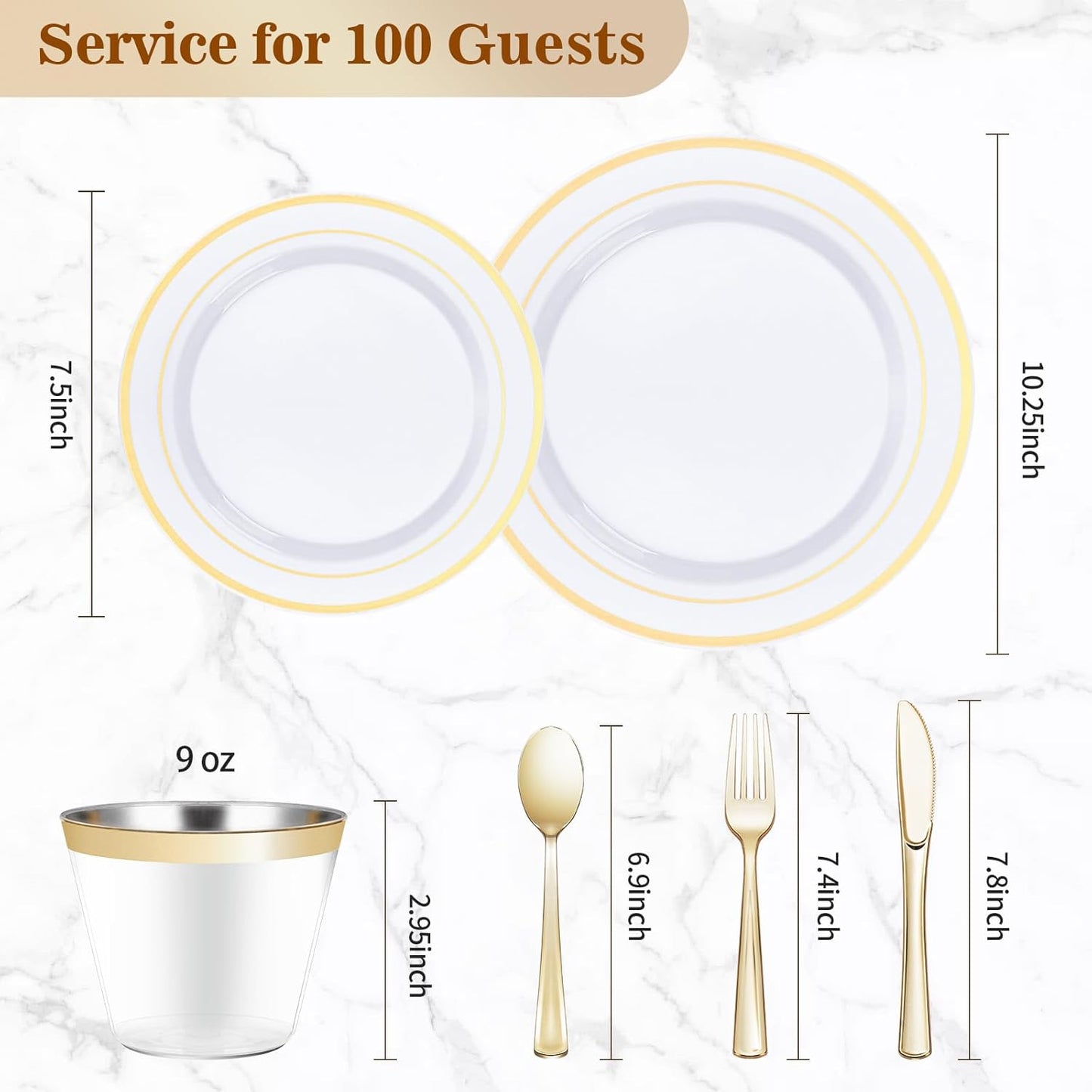 BESTVIP 600PCS Gold Dinnerware Set for 100 Guests, Plastic Plates for Party, 100 Gold Disposable Plates, 100 Dessert Plates, 100 Cups, 100 Spoons, 100 Forks and 100 Knives