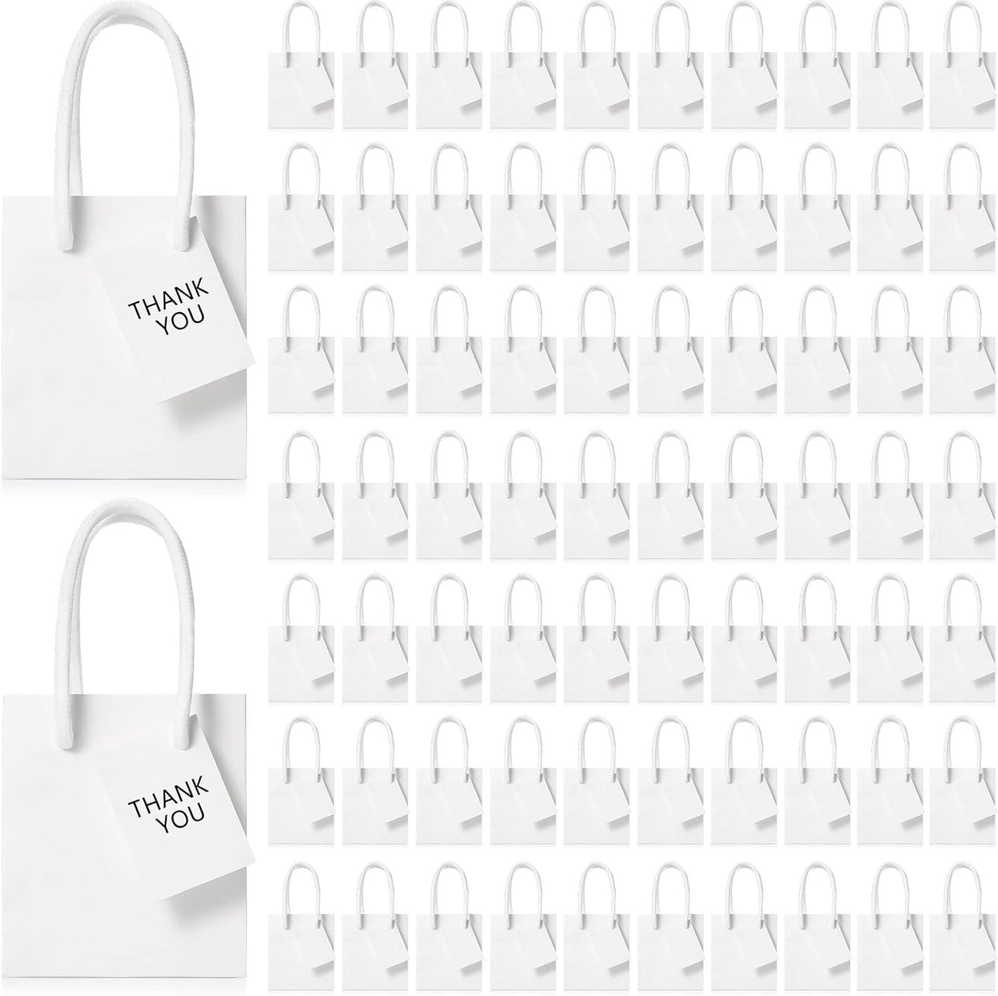 Sherr 100 Pack Mini Gift Bags Bulk, 4 x 2.75 x 4.5 Inches Paper Bags with Tags, Extra Small Paper Gift Boxes with Handles for Birthday, Party Favors, Weddings, Small Business(White)