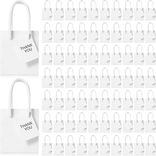 Sherr 100 Pack Mini Gift Bags Bulk, 4 x 2.75 x 4.5 Inches Paper Bags with Tags, Extra Small Paper Gift Boxes with Handles for Birthday, Party Favors, Weddings, Small Business(White)