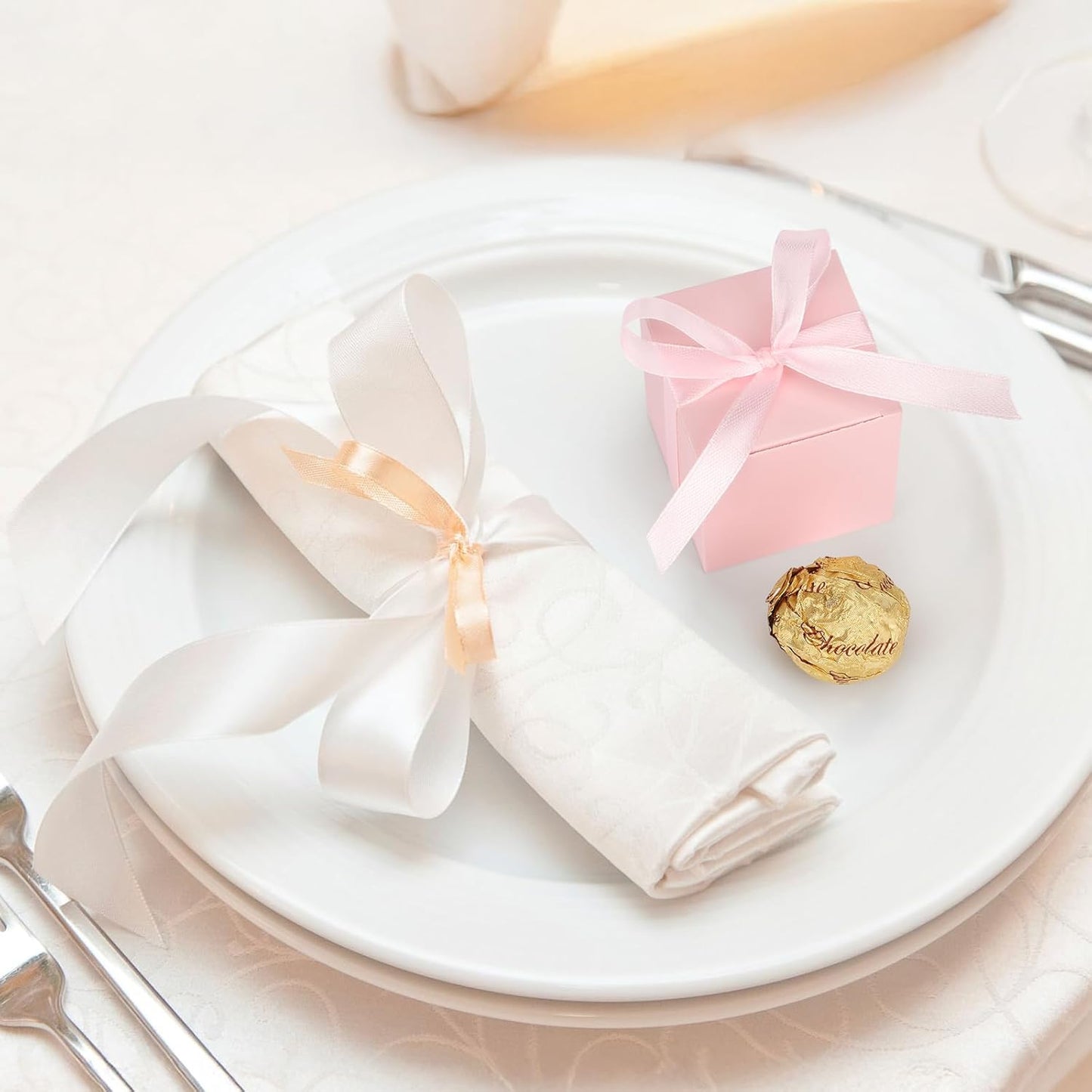 EUSOAR Candy Boxes Party Favors, 120pcs 2x2x2 Inches Pink Favor Boxes Candy Gift Box with Ribbon, Mini Bakery Cookies Box Square Paper Chocolate Containers for Wedding Anniversary Party Favor