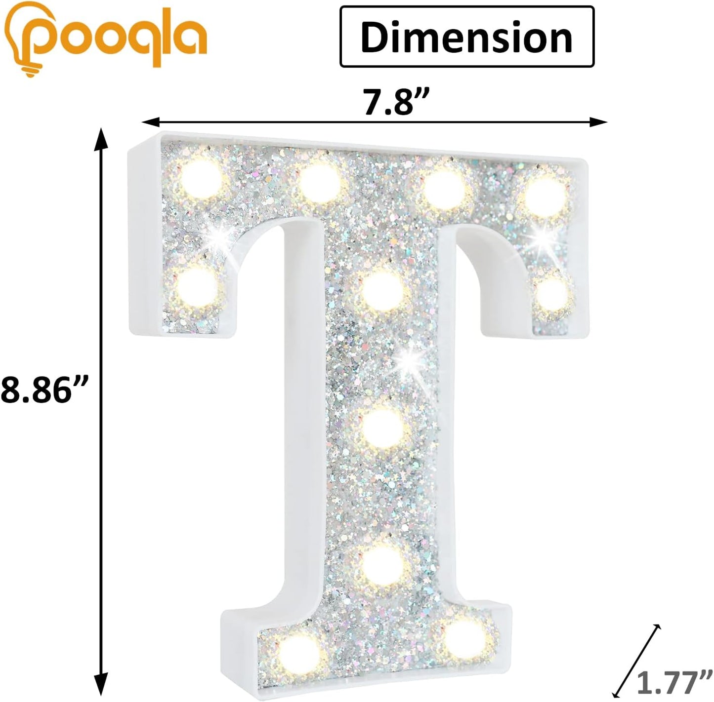 Pooqla Light Up Letters, LED Marquee Letters for Silver Birthday Decorations, Battery Powered Night Light Teenager Girl Room Decor, Gift for Girls Boys Wedding Bedroom Christmas Party Decor, Letter T
