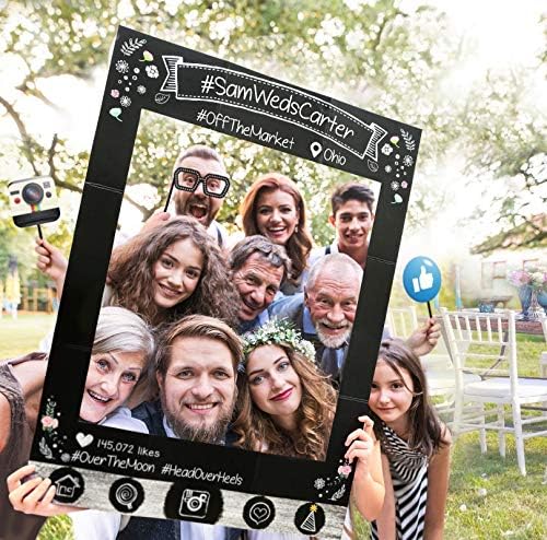 Insta-Themed Social Media Party Photo Booth Selfie Frame with Emoji & Speech Bubble Props. Great as Vintage Background Photography for Birthday, Anniversary, Wedding Event Decoration
