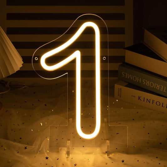 Number 1 LED Neon Sign Backdrop Birthday Party Decoration, 11.3" Height Warm White Marquee Number Light Up Sign for Wedding Anniversary Window Wall Table, Indoor Battery Operated or USB