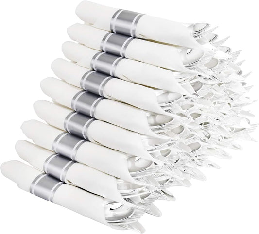 Supernal 60 Pack Silver Plastic Silverware,Pre Rolled Silverware,Premium Disposable Silver Cutlery,Suit for Wedding,Catering Event,Birthday,Party