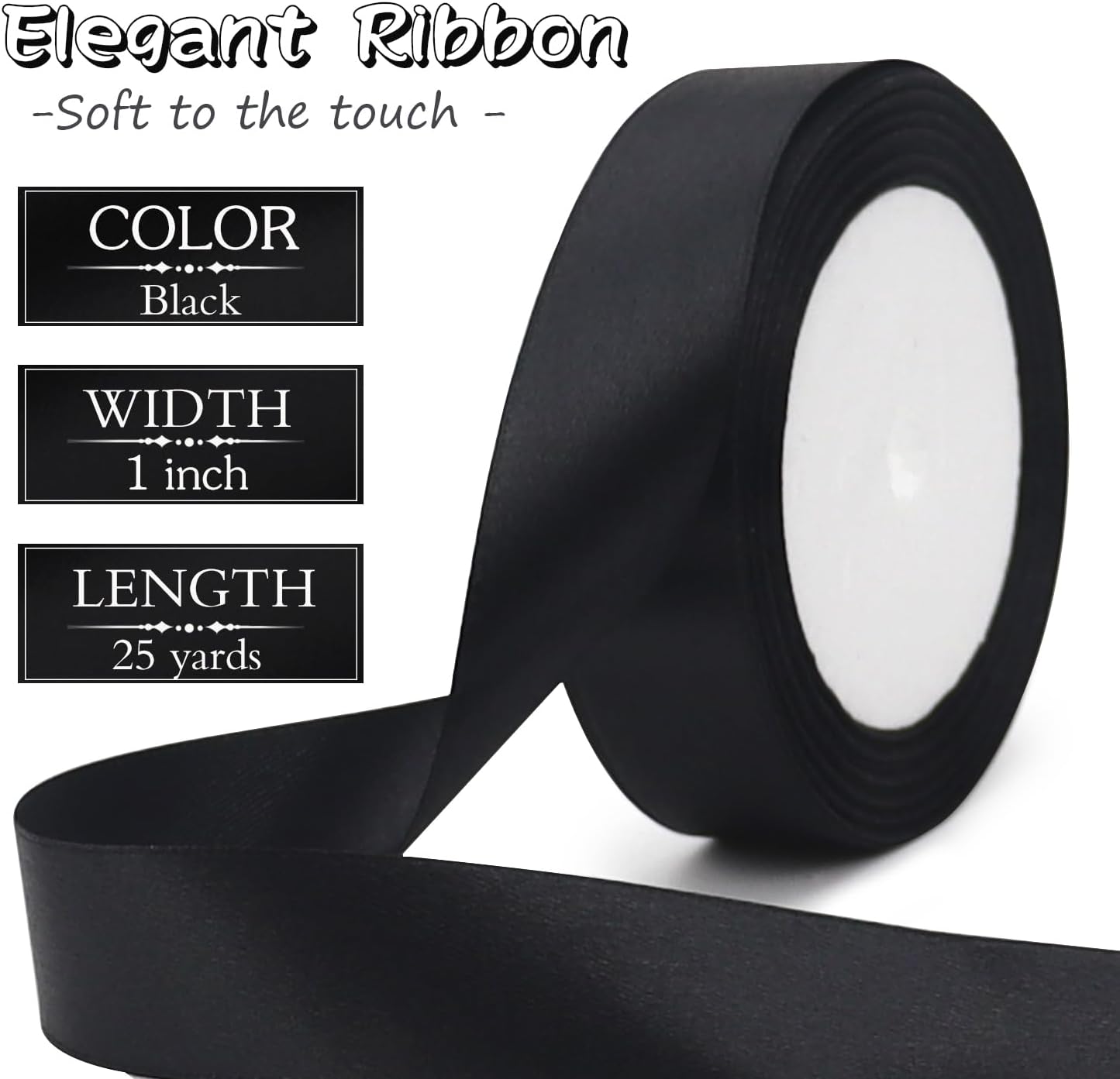 Black Solid Satin Ribbon 1 Inch 25 Yards Solid Polyester Fabric Ribbon for Gift Wrapping Wedding Christmas Baby Shower Birthday Party Decoration Handmade Immortal Flower Craft