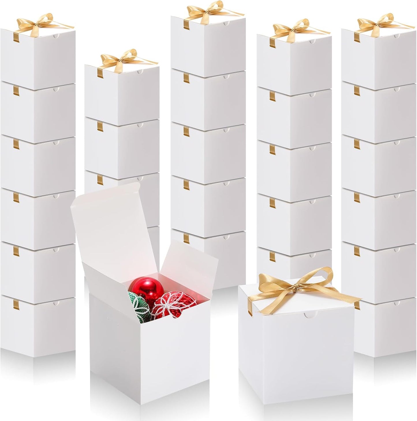 DOYIDE Small Gift Boxes, 60 Pcs 4x4x4 Inch White Elegant Paper Box with Ribbons, Party Favor Boxes for Candy Cupcake Christmas Wedding Baby Shower Bridesmaids Birthday