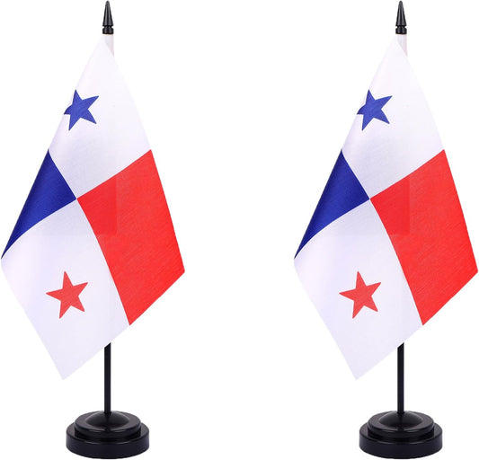 Panama Desk Flag 12" Solid Pole Deluxe Set Panamanian Flags Banner Mini Small Panama Office Table Flags with Black Stand Base Desktop Decorations(2Pack)