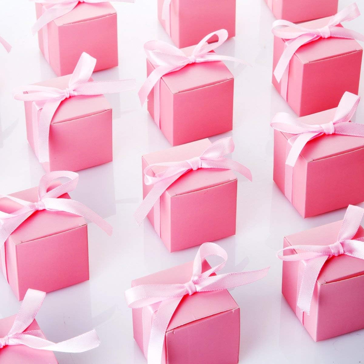 AWELL Pink Gift Candy Box Bulk 2x2x2 inches with Pink Ribbon Party Favor Box,Pack of 50