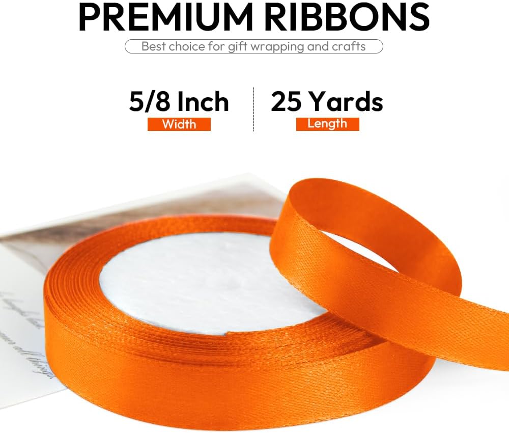 5/8 Inch Orange Ribbon, 25 Yards Orange Stain Ribbon for Gift Wrapping, Halloween, Christmas and Birthday Party Decoration, Craft, Flower Bouquet, Sewing