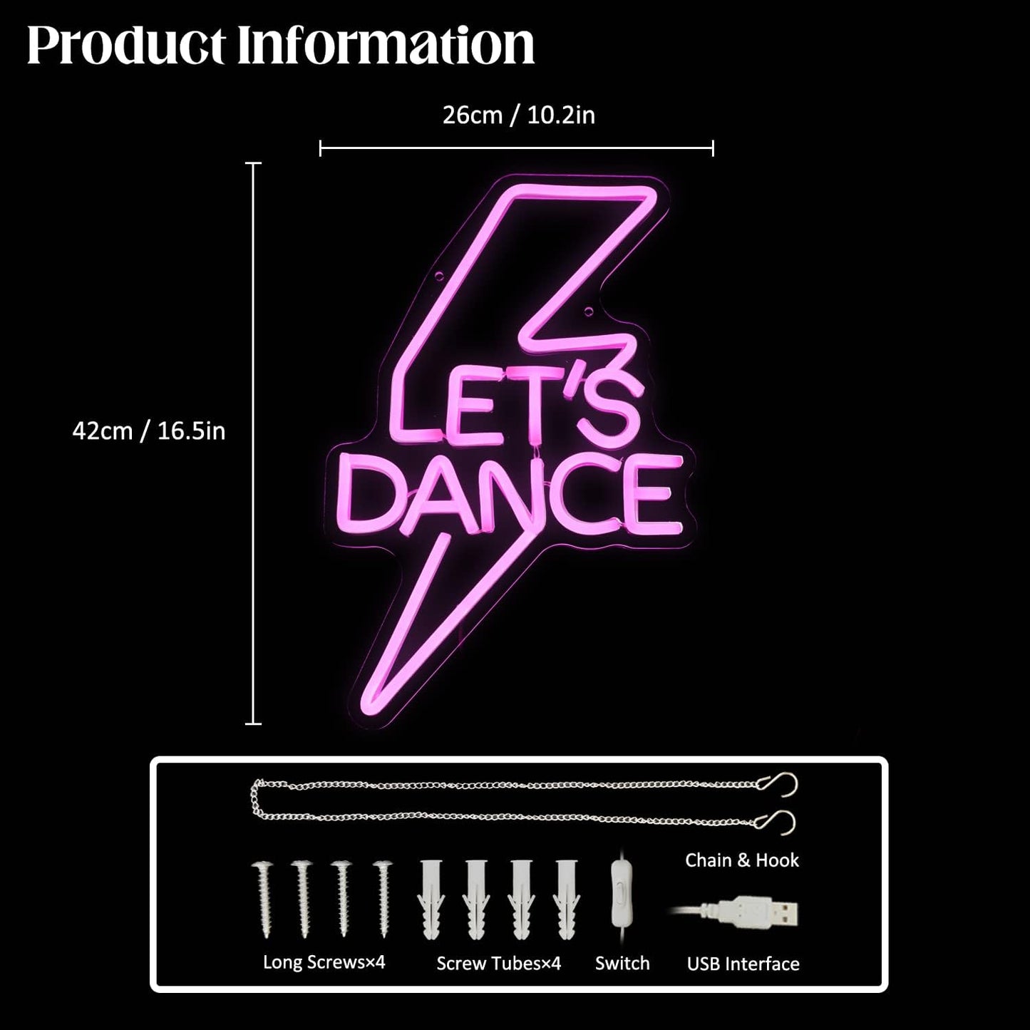 Let's Dance Neon Sign Pink Led Word Light Sign Lightning Bolt Neon Light Dance Light Up Signs Letter Neon Signs for Bedroom Bar Wedding Birthday Dancing Party Prom Night Decor Girl Gifts