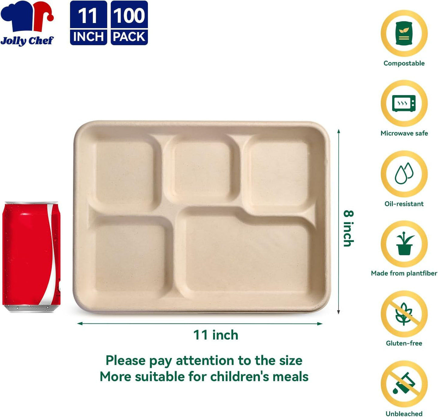 JOLLY CHEF Compostable 𝟱 Compartment 𝟭𝟭 * 𝟴 𝗶𝗻𝗰𝗵 Paper Plates [𝟭𝟬𝟬 𝗣𝗮𝗰𝗸] Heavy Duty Small Natural Divided Eco-Friendly Biodegradable Containers Food Trays for Dinner Lunch Buffet