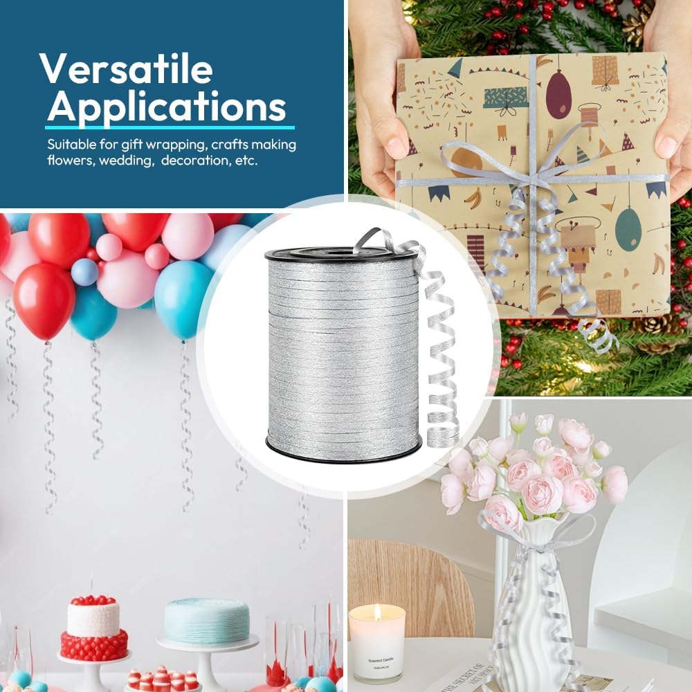 KMER LIFE Silvery Glitter Curling Ribbon, 1/5" Wide x 500 Yards Christmas Curling Ribbons for Gift Wrapping, Party Decoration, Balloon String, Crafting, Balloon Ribbons for Florist Flower (1 Roll)