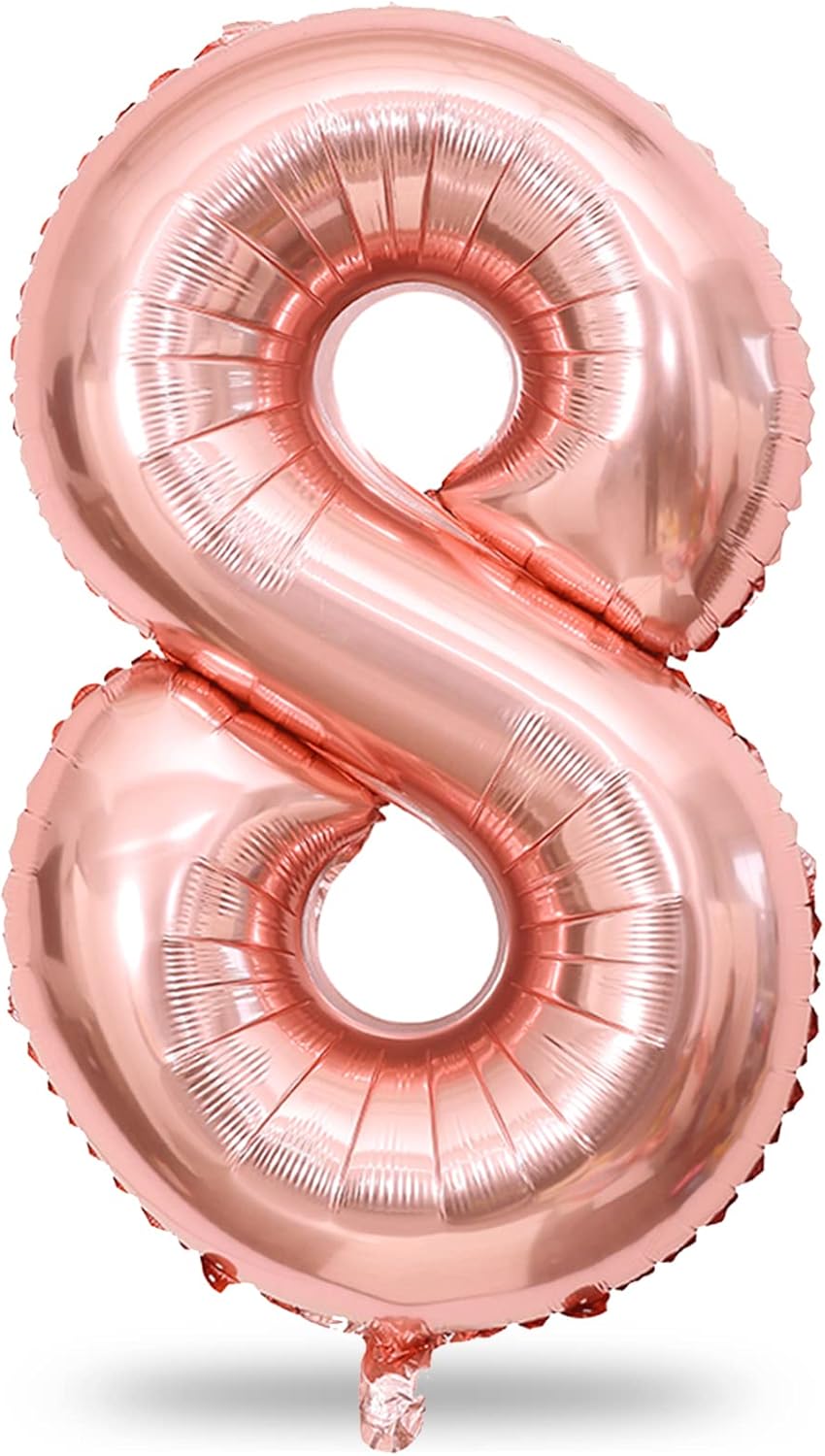 Rose Gold 8 Balloons, 40 Inch Large Foil Number Balloons Set 0-9, Self Inflating Digital 8 Helium Balloon for Girls Women 8th 18th 80th Age Birthday Anniversary Party Decorations Photo Shoot Supplies