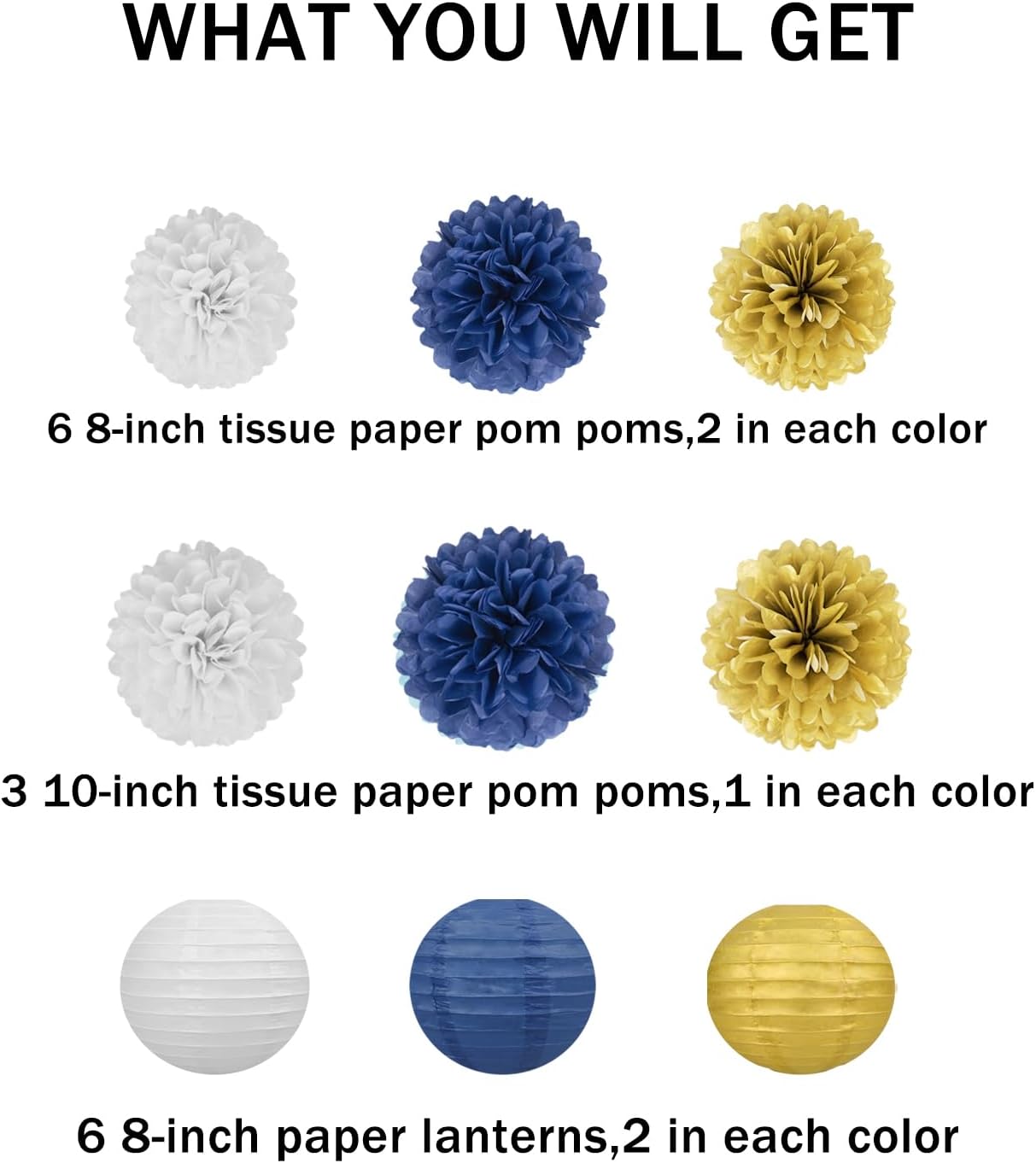 Navy-Blue White Gold Party Decorations - 15Pcs Tissue Pom Poms Paper Flowers Paper Lanterns Graduation Men Boy Birthday Wedding Bridal Baby Shower Father Day Decorations Supplies HongTongTong