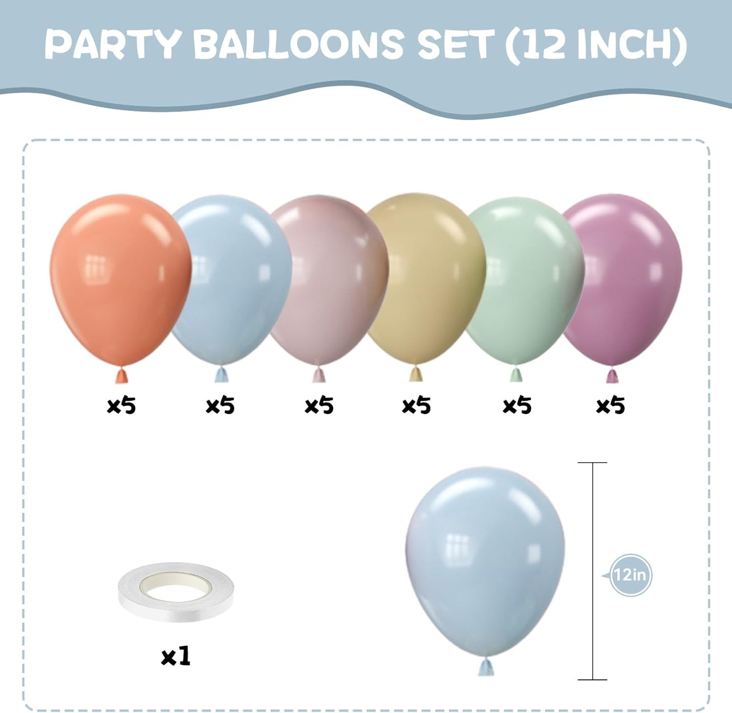 Pastel Retro Balloons, 12 Inch 6 Color Blue Purple Green Pink Beige Latex Party Balloon for Birthday Graduation Anniversary Baby Shower Wedding Decorations
