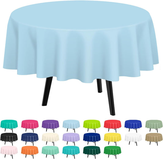 QIKSION Light Blue Round Tablecloth 6 Pack, 84 Inch Plastic Table Cover Disposable for Parties