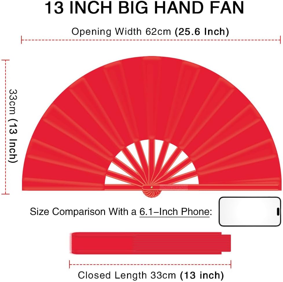 13" Large Folding Rave Fan with Holster, Clack Hand Fans Foldable for Line Dancing, Boots On The Ground Fan for Women Men Festival EDM Party Decoration, Red