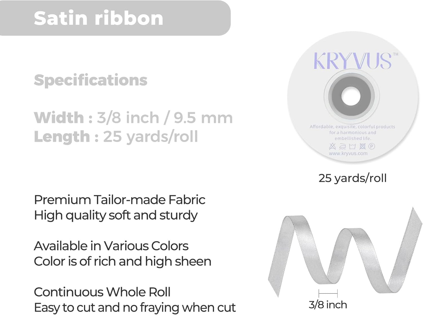 Silver Satin Ribbon 3/8 inch X Continuous 25 Yards, Single Face Polyester Ribbon Perfect for Gift Wrapping, Flower Bouquet, Wedding Decor, Crafts, Bow Making, Sewing and More